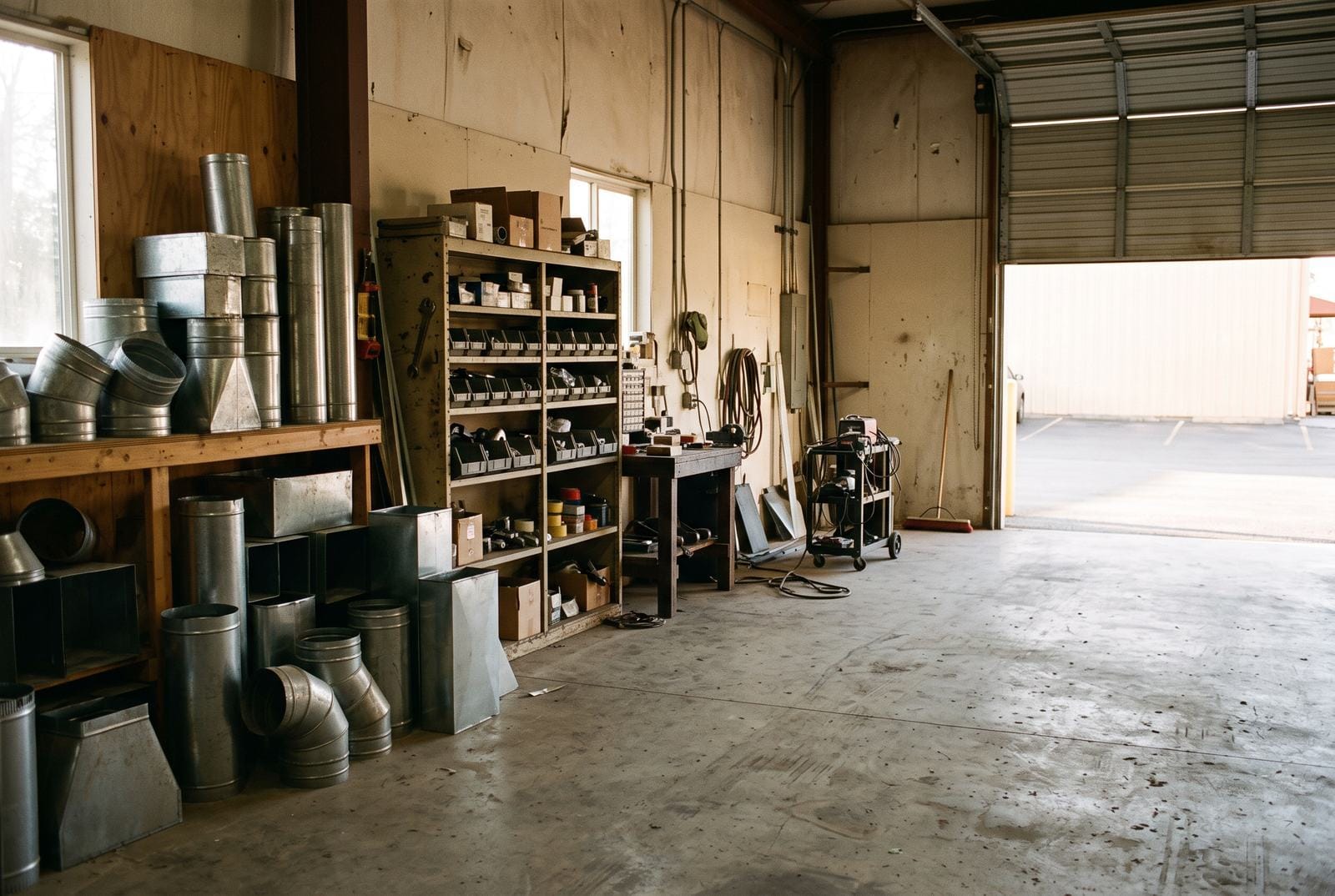 The inside of a small shop bay with stacked sheet-metal duct sections and a roll-up door open to daylight.