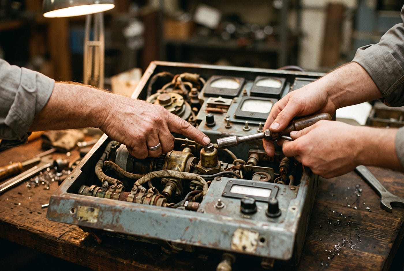 Two pairs of hands, one older and one younger, working together over an open equipment panel on a bench.