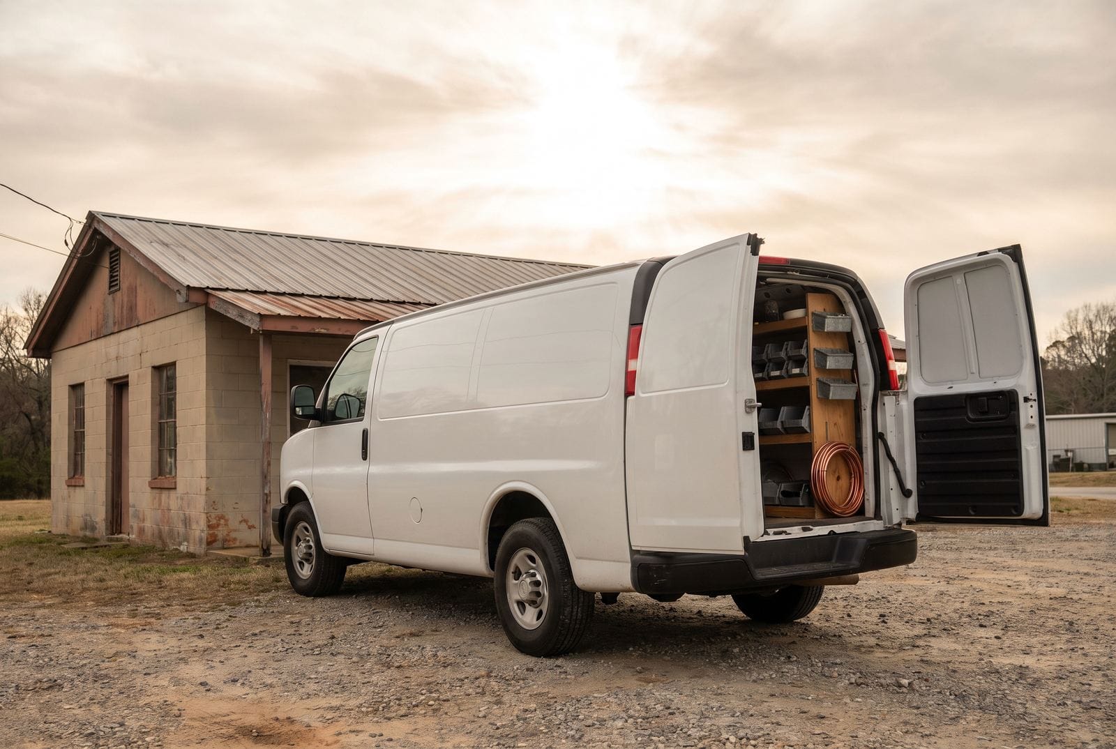 A service van parked beside a small shop building with its rear doors open on tidy shelves of parts bins.