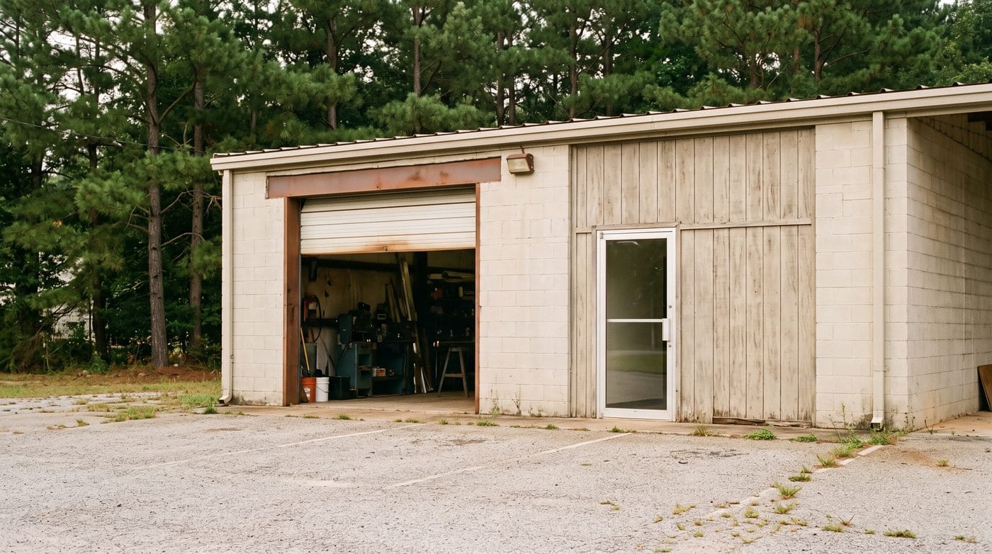 The front of a small contractor's shop from the parking area, one bay door open beside a glass office door.