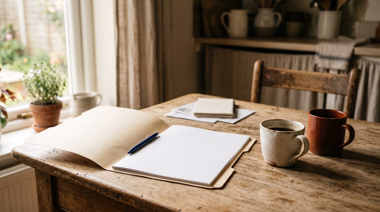 A kitchen table in afternoon light with an open folder of blank paper, a pen across the top sheet and two mugs.