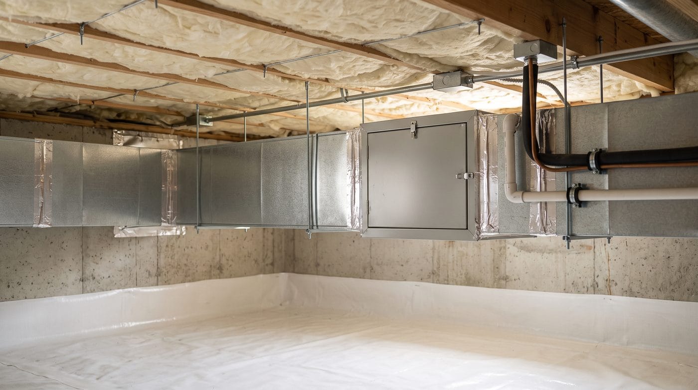 Sealed sheet-metal supply duct crossing a clean crawlspace with a media cabinet fitted into the run.