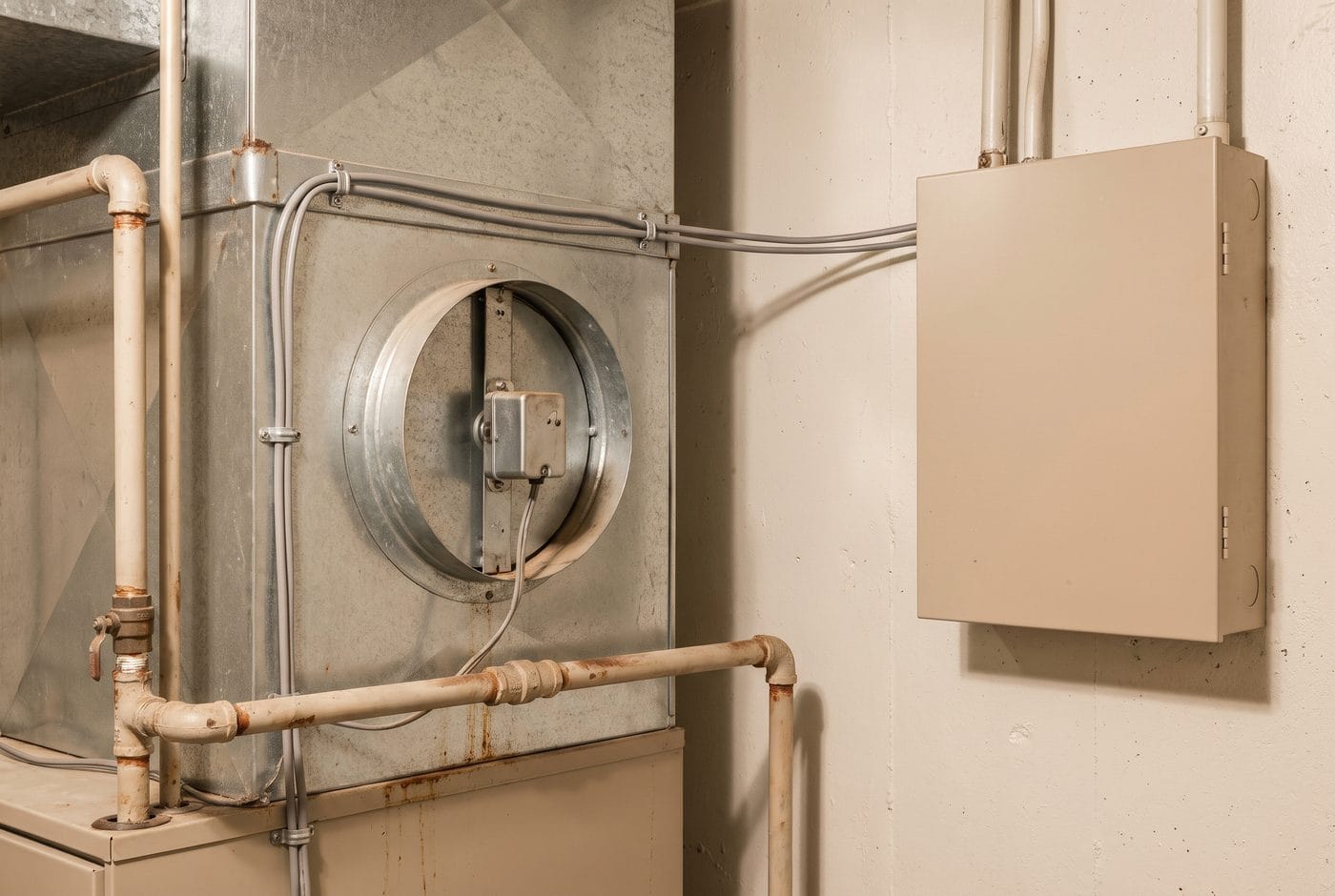 A zone damper and its actuator fitted into a trunk line, with control wiring run to a panel.