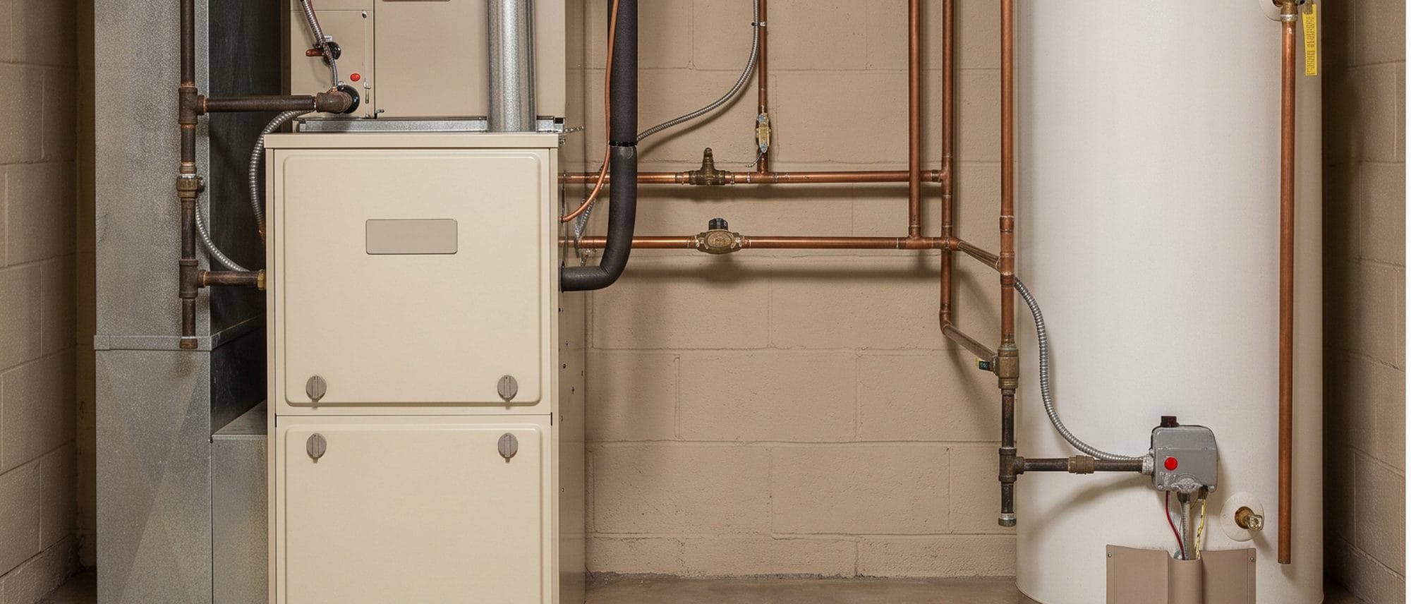 A tidy residential mechanical room with a furnace, an air handler, a water heater and the duct plenum overhead.