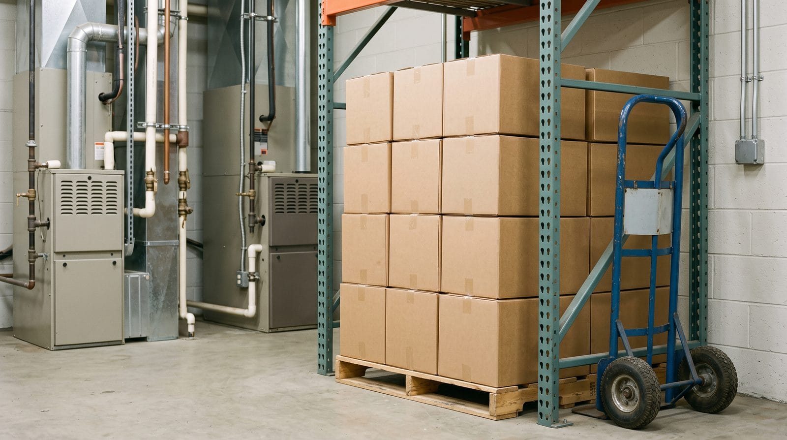 New boxed equipment stacked on a pallet rack in a shop, with a hand truck leaning against it.