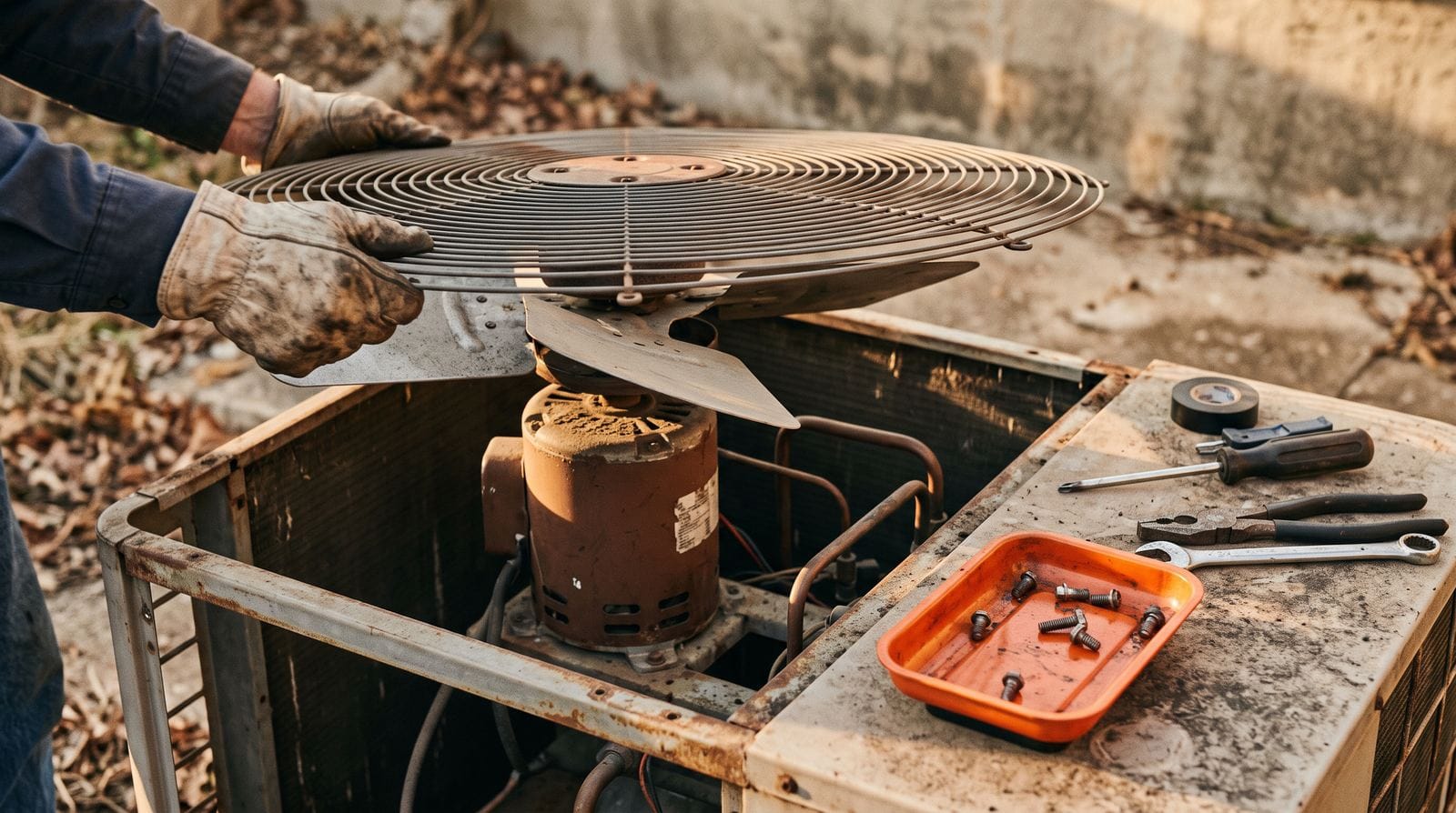 Hands lifting the top grille off an outdoor unit to reach the fan motor, screws set aside in a magnetic tray.