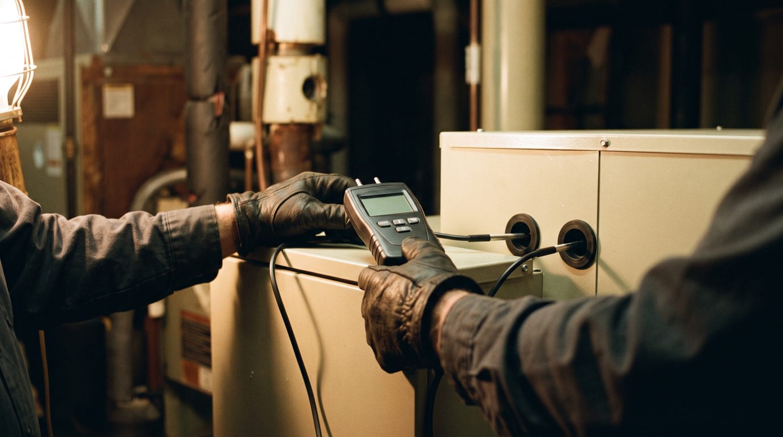 A digital manometer resting on a clean air handler with two static-pressure probes run into drilled and grommeted test ports in the plenum.