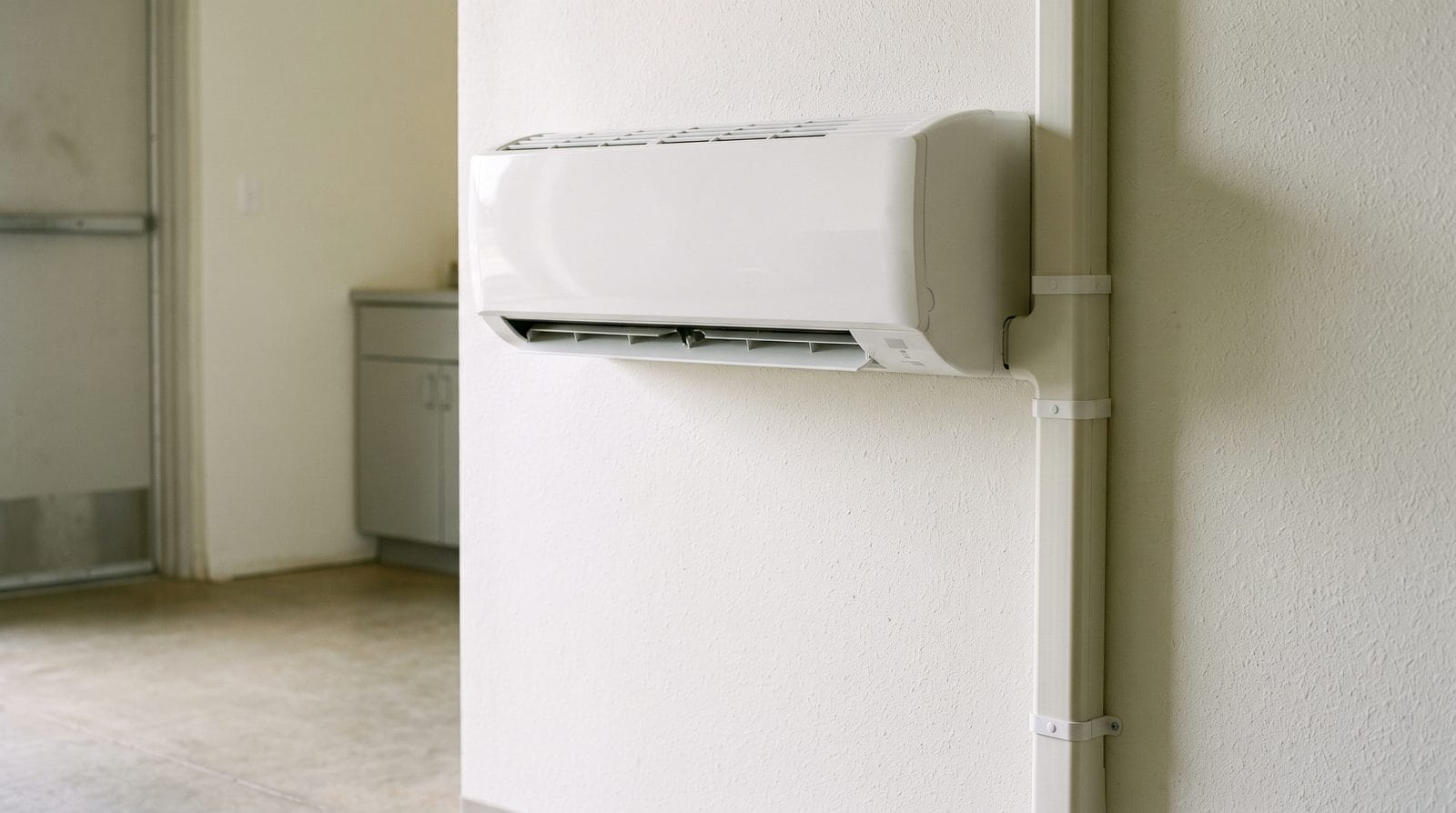 A wall-mounted ductless indoor head fitted high on an interior wall with the line-set cover run down to the floor.