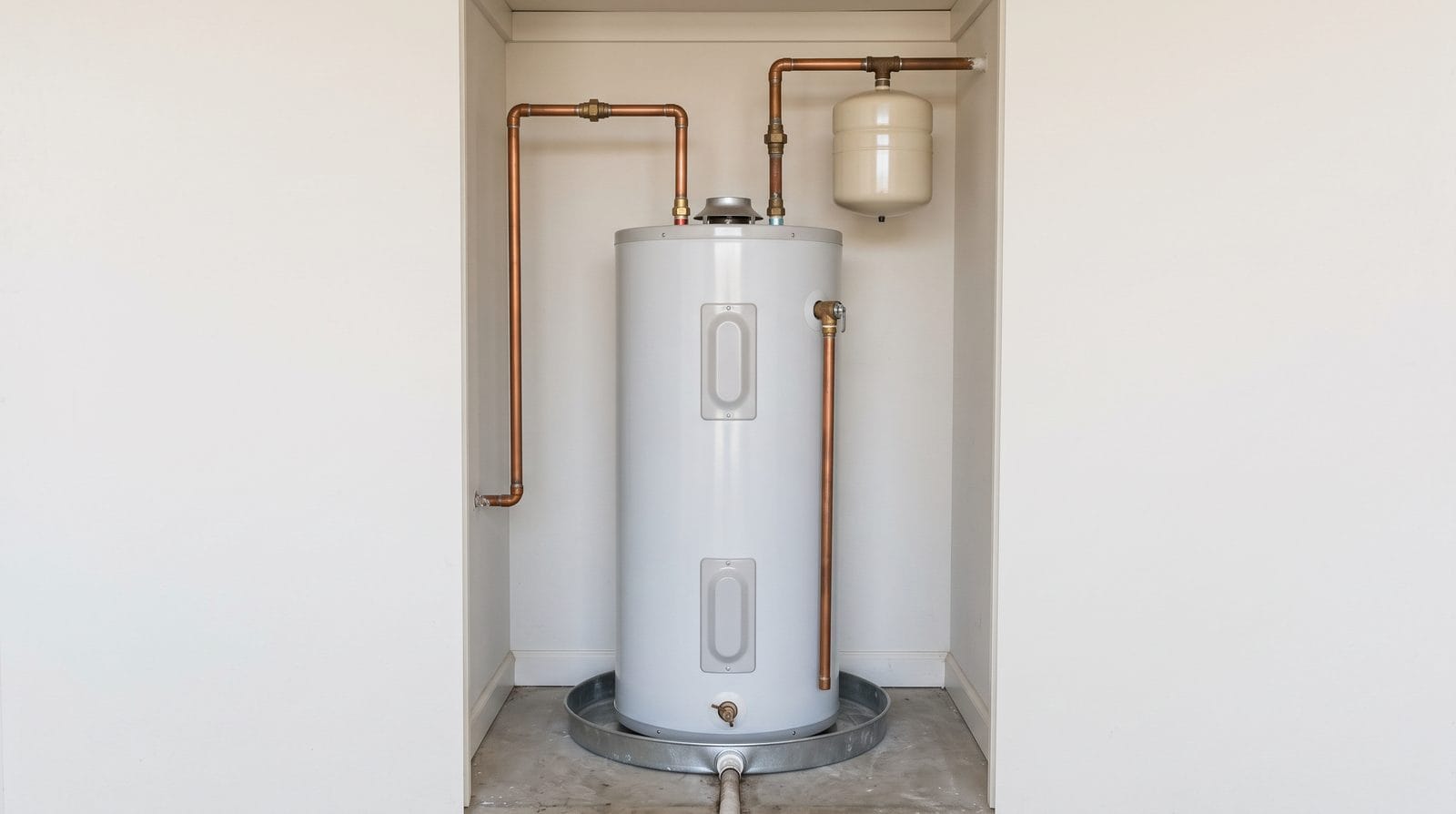 A new tank water heater on a drain pan with copper connections, an expansion tank above and the relief line piped down.