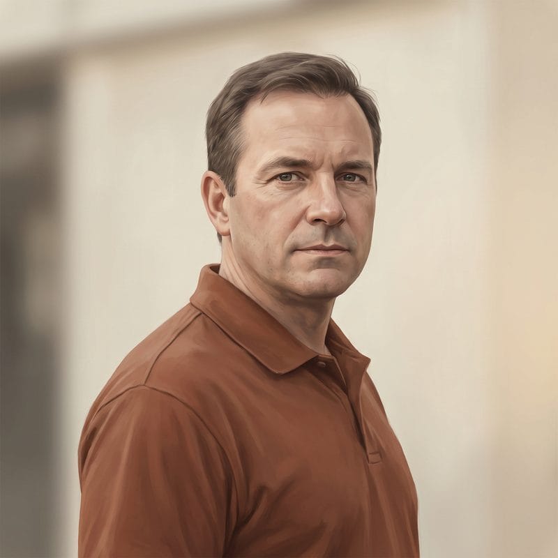 Illustrated portrait of the owner, a man in his forties in a plain work shirt.
