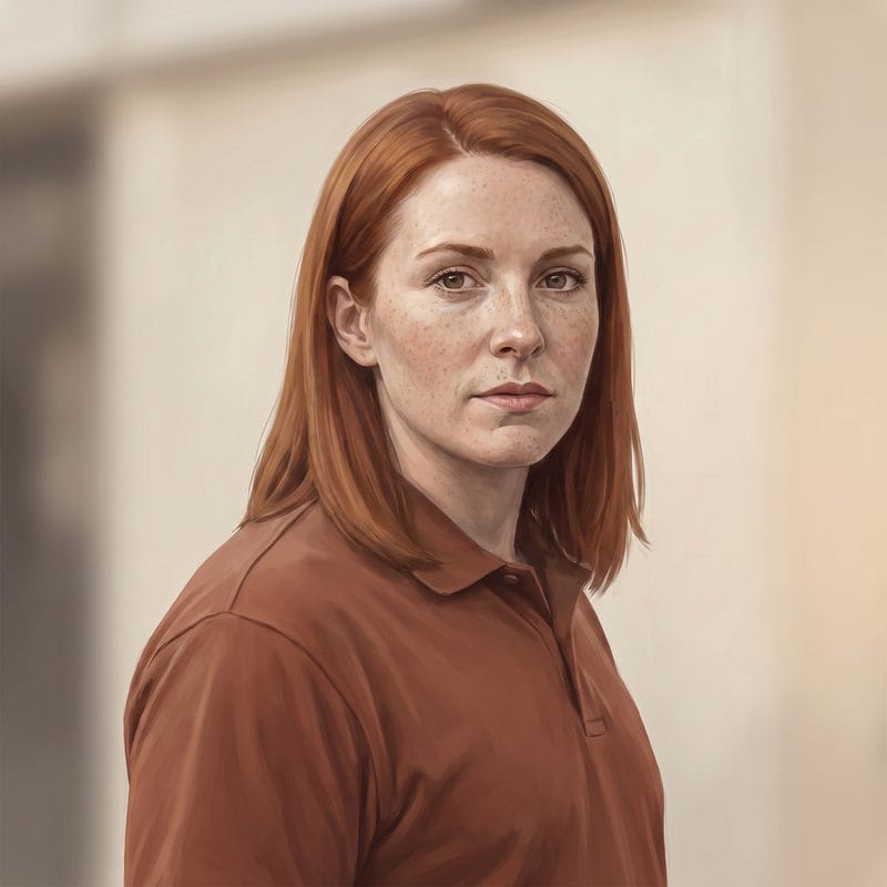 Illustrated portrait of the dispatcher, a woman in her thirties with a headset at a screen.