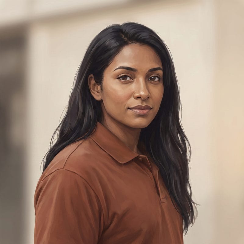 Illustrated portrait of the customer service representative, a woman in her twenties at a front counter.