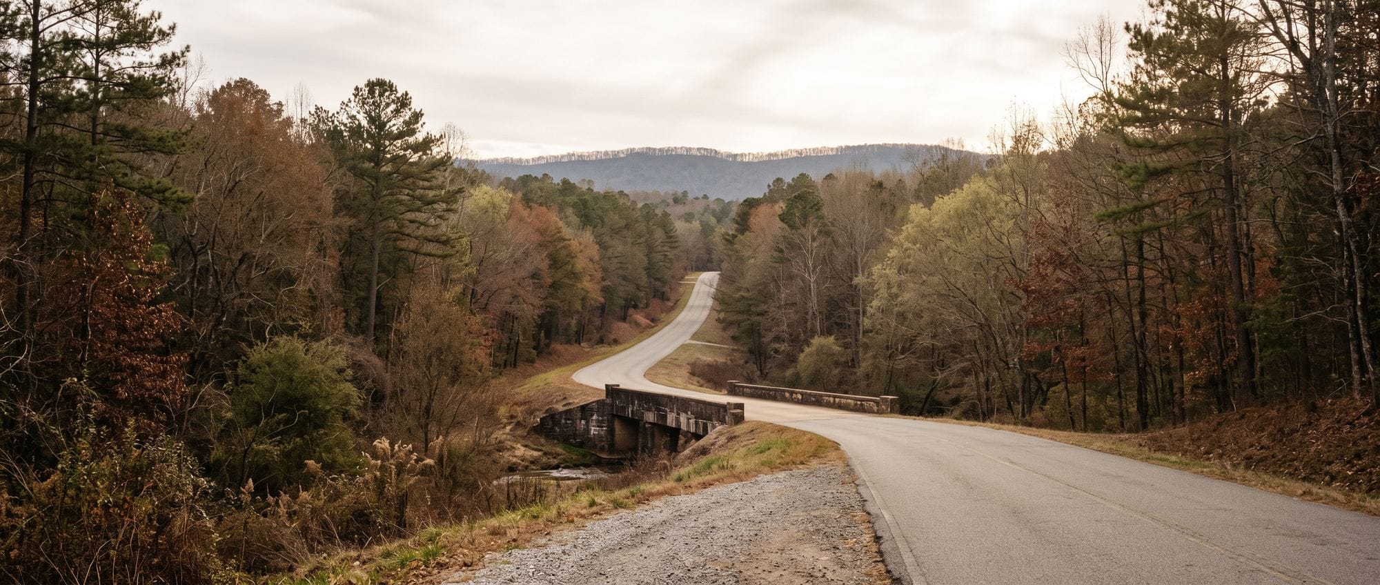 A two-lane road running north out of a small town through rolling wooded country toward a distant ridge.