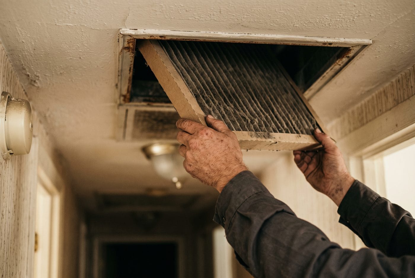 Hands drawing a dusty pleated filter out of a ceiling return grille in a hallway.