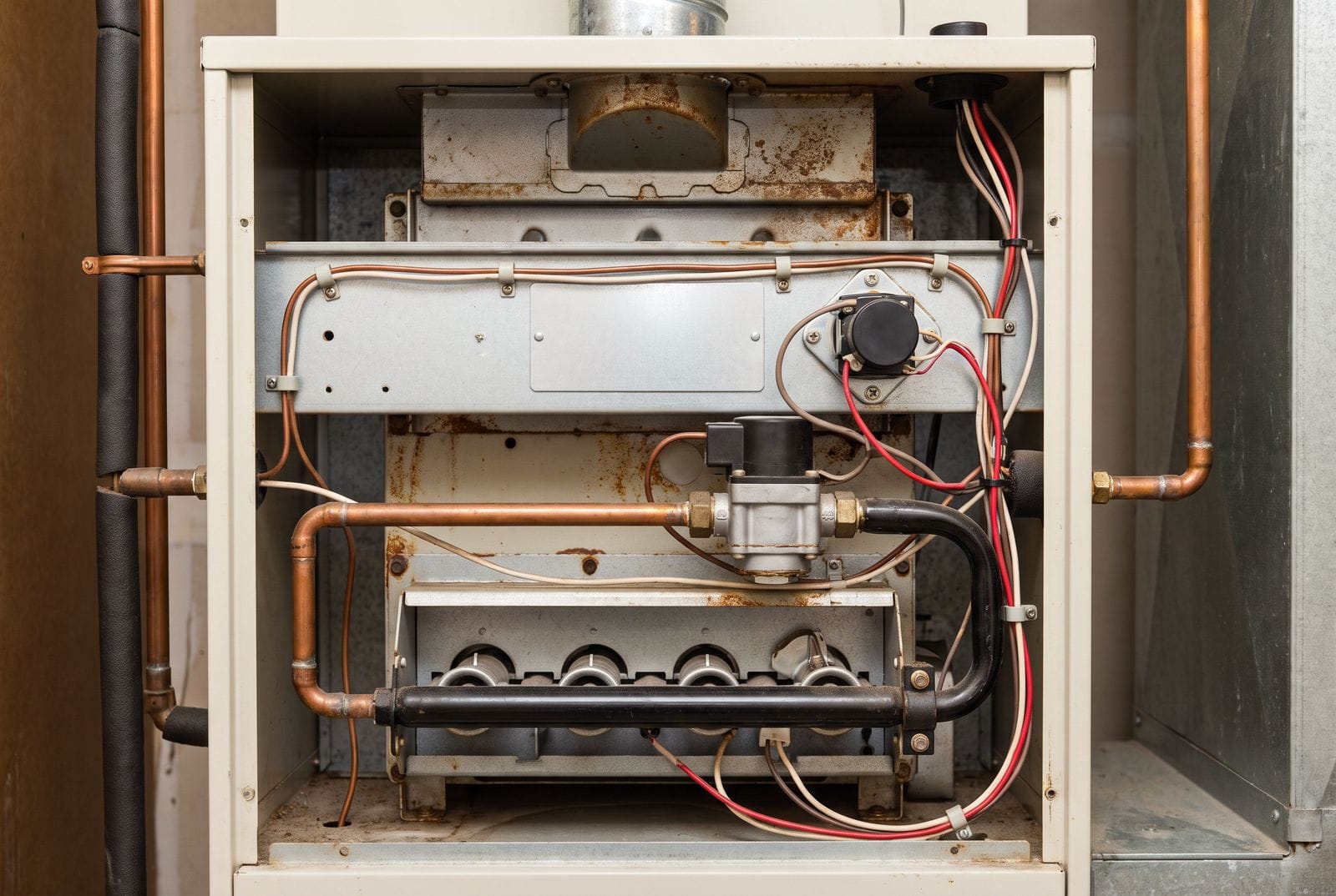 The open door of a gas furnace showing the burner assembly and the flame sensor.
