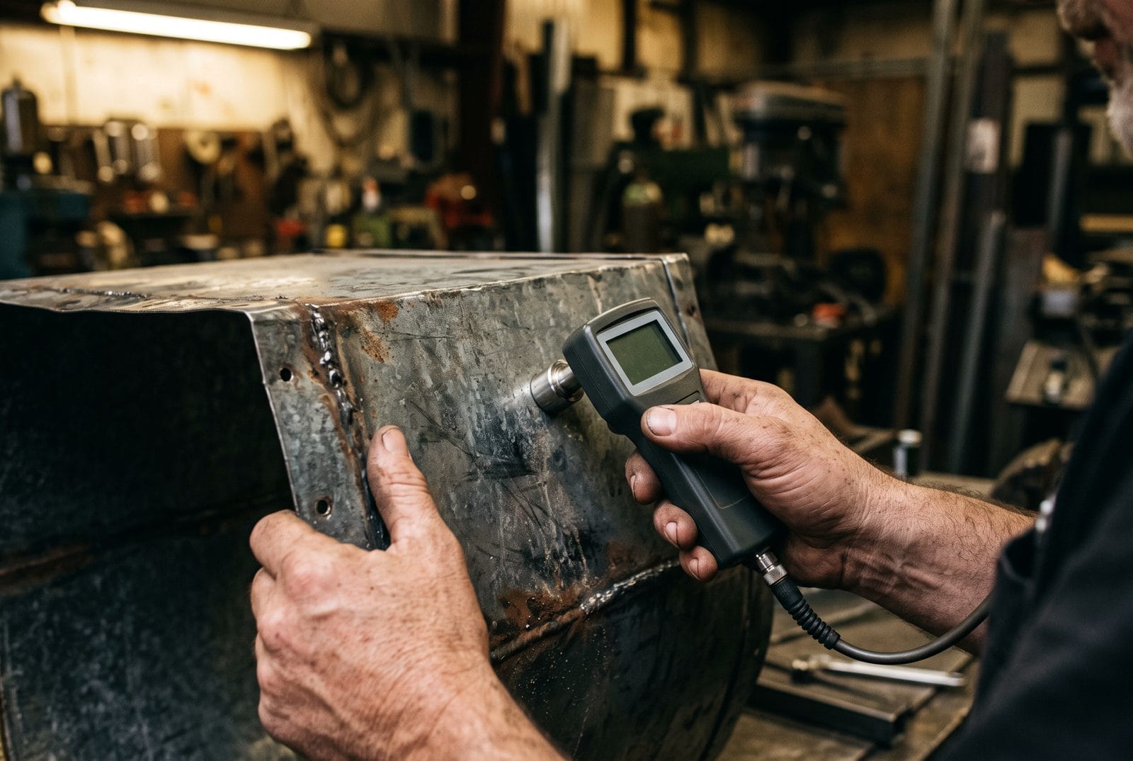 A technician's hands taking a temperature reading at an air handler with a digital probe.