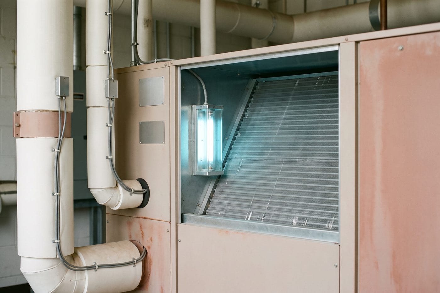 A UV lamp mounted through an access panel with a clear line of sight to the evaporator coil.