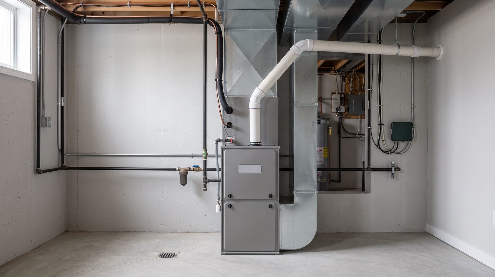 A newly installed upflow gas furnace in a clean basement with the supply plenum fitted square above it.
