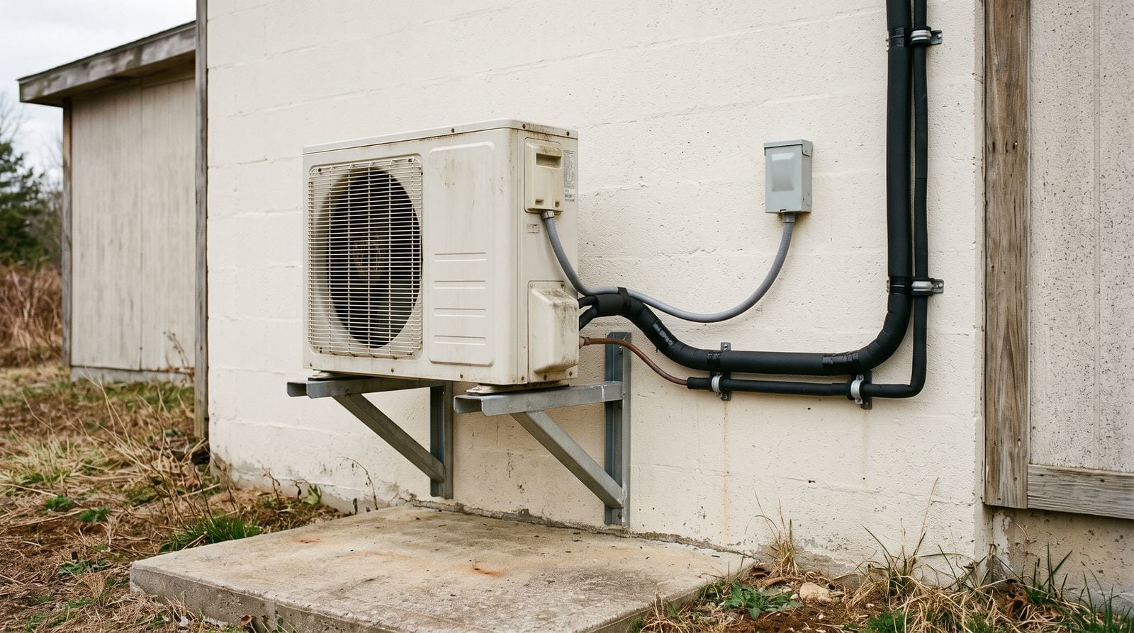 An outdoor heat pump raised on a bracket above its pad with the suction line insulated along its whole run.
