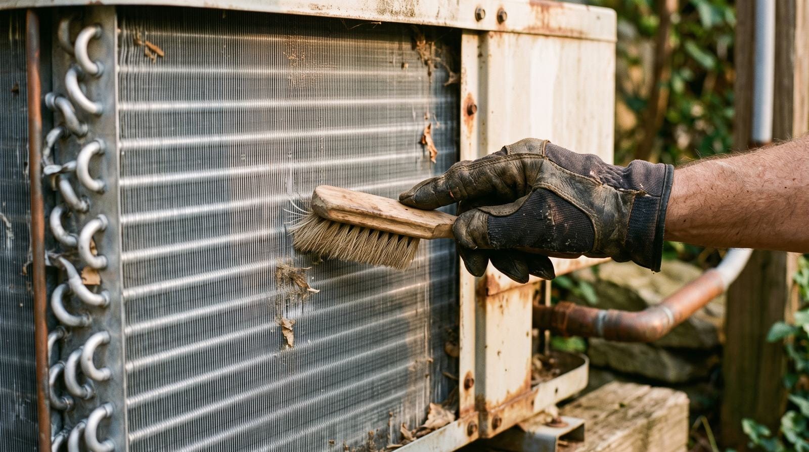 A gloved hand brushing debris from the outdoor coil fins of a heat pump with a soft brush.