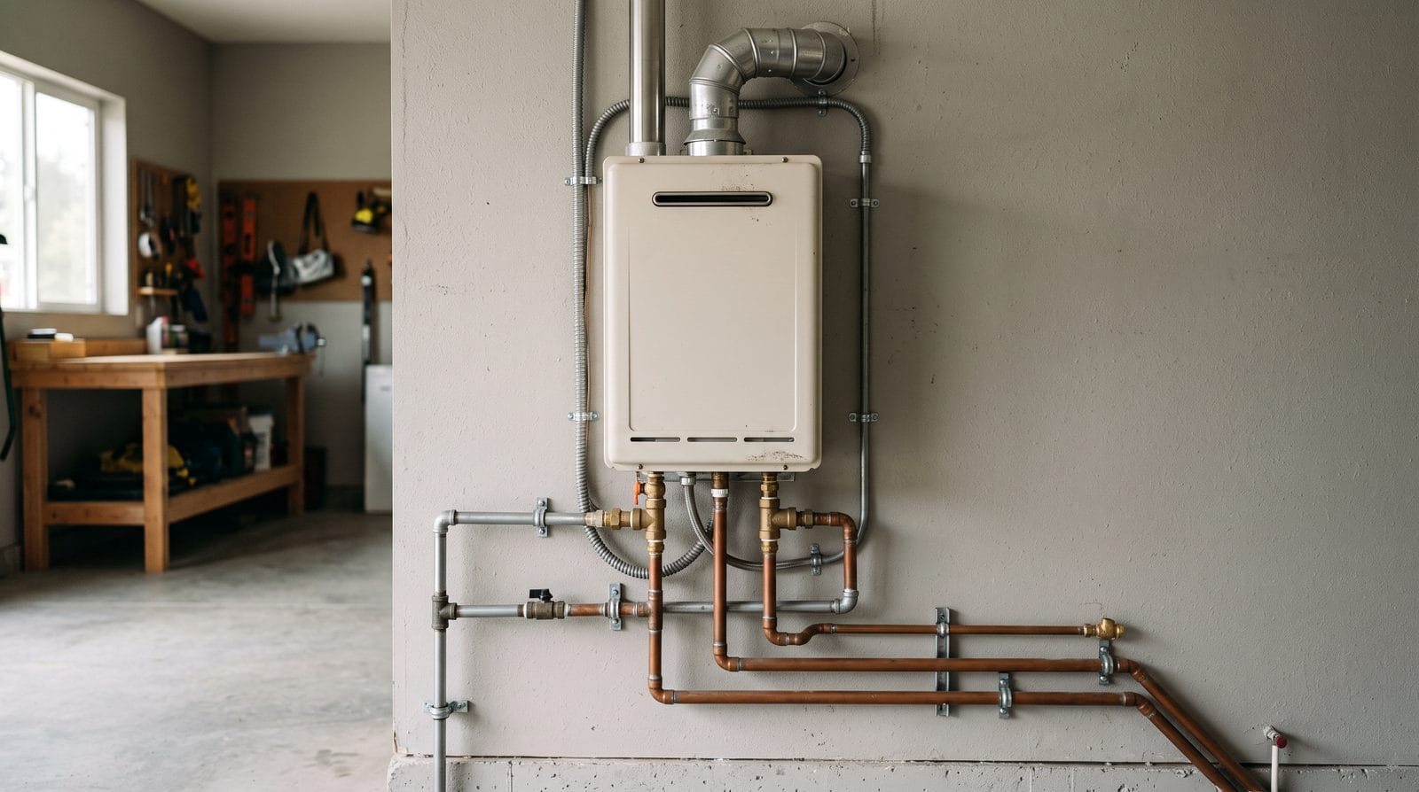 A wall-hung tankless water heater in a garage with gas, water and isolation valves piped neatly beneath it.