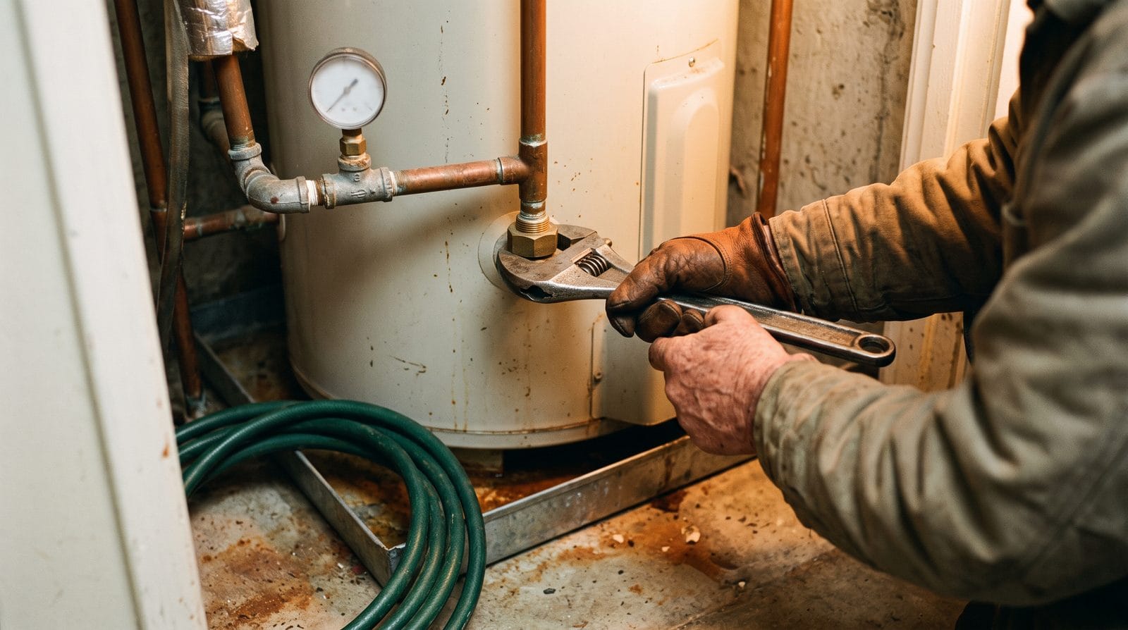 A hand fitting a wrench to the union above a water heater in a tight utility closet.
