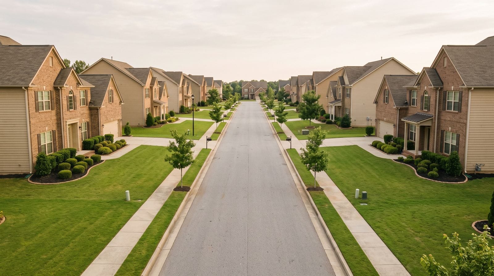A wide, open, sunny street of large brick-fronted houses with clipped formal planting and mown verges.