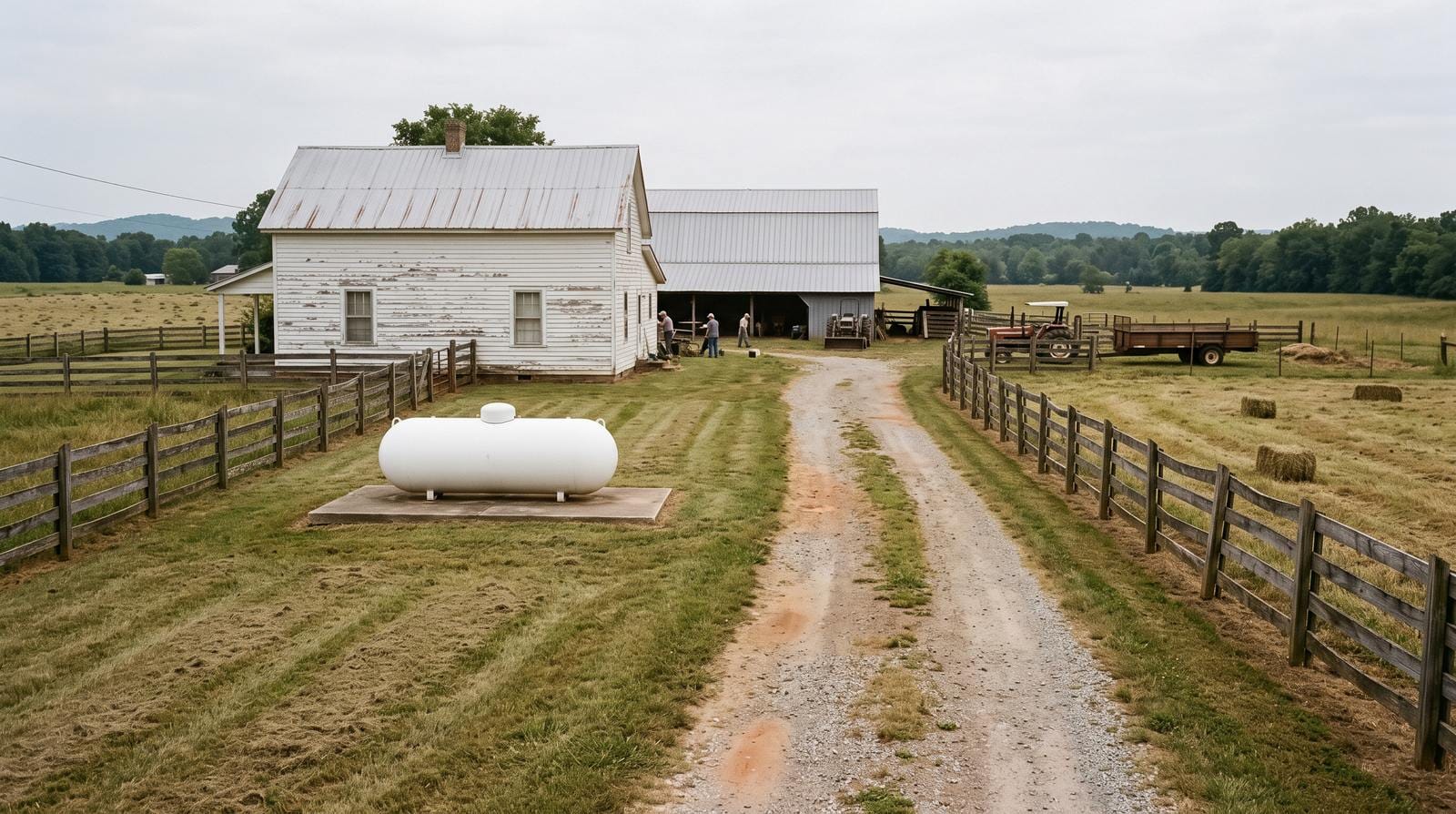 A rural lane between open pasture and hayfield, with a large blank propane tank on a pad beside a farmhouse.
