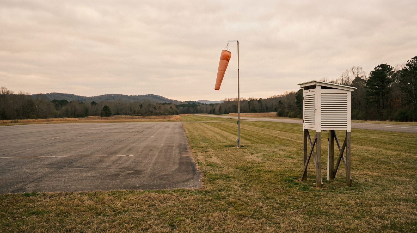 The edge of a small rural airfield, with a windsock and a louvered white weather instrument shelter standing in the mown grass.