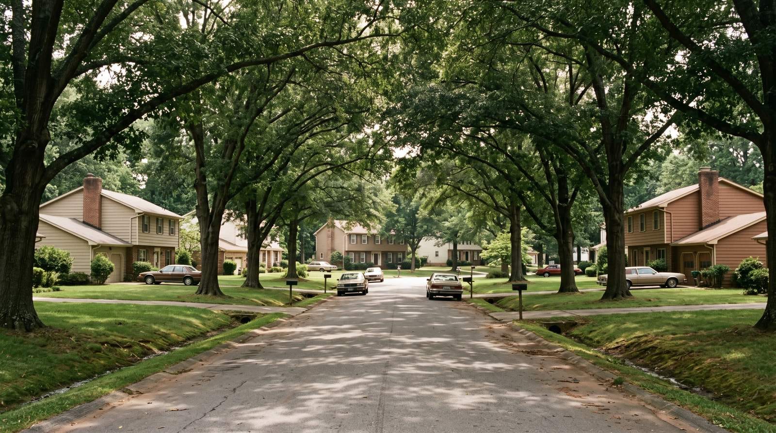 A street lying in deep shade under old hardwoods that close overhead, with grassed swales instead of curbs.