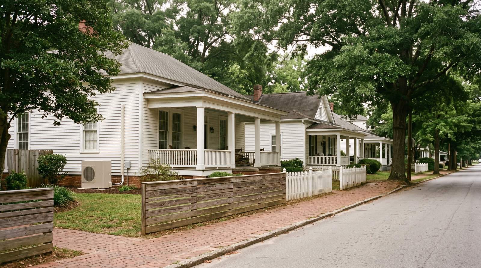 A shaded street of white clapboard houses with columned porches, an outdoor unit screened behind slatted timber at the side of the nearest.