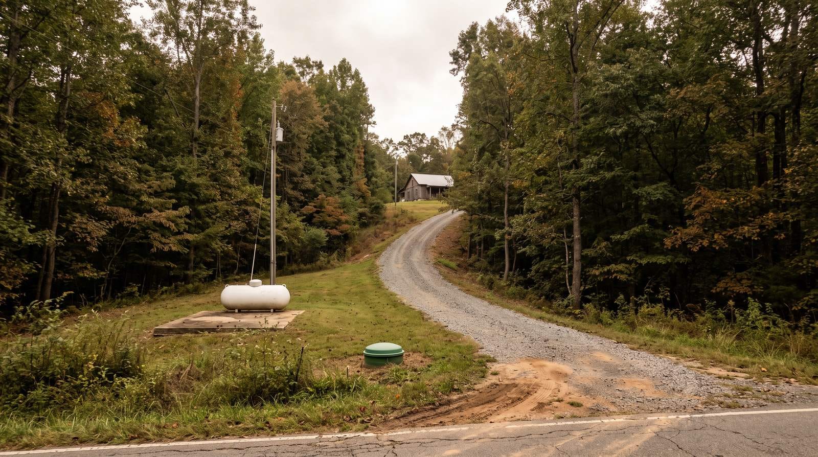 A long private gravel drive climbing into dense woods, with a blank propane tank and a well head cover beside it.